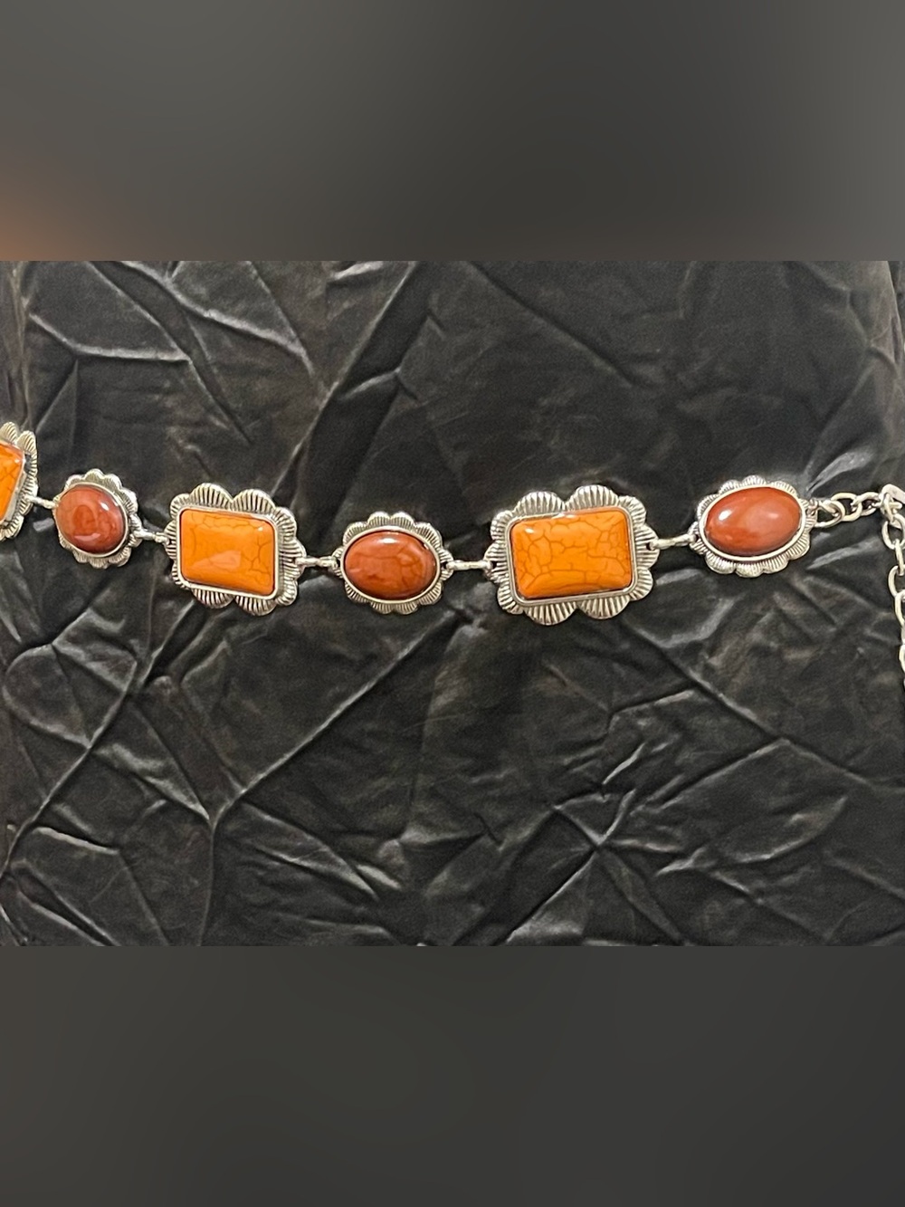 HAUTE HIPPIE CHAIN-STYLE BELT ONE SIZE VINTAGE WOMENS ORANGE/BROWN SILVER PLATED